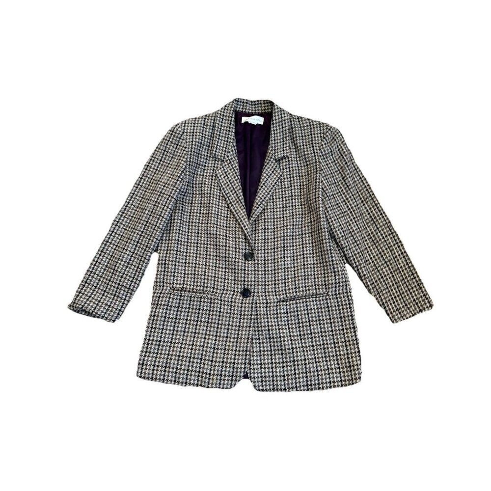 Vintage Womens Houndstooth Wool Blend Blazer Jacket Academia Career Office USA L
